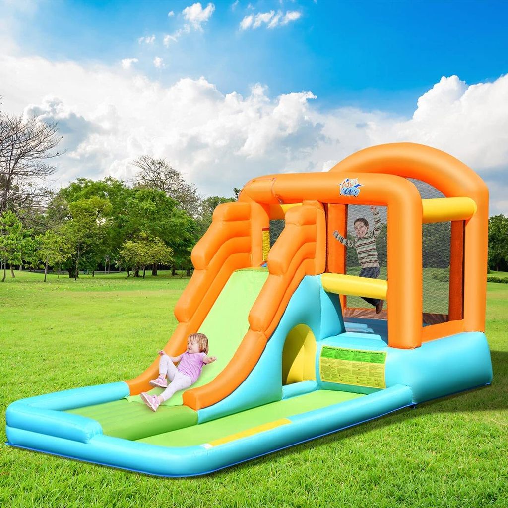 Aufblasbare Hüpfburg mit Rutsche & Sprungbereich & Spielpool, Springburg für 3 Kidner, Spielburg, Wasserrutsche für Indoor & Outdoor, für Kinder 3-10 Jahre alt Kinder
