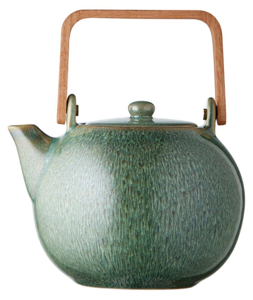 A green ceramic teapot with a wooden handle against a white background.