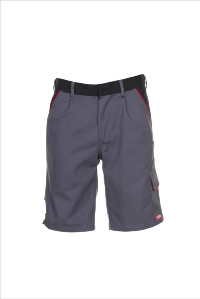 A pair of gray cargo shorts with black and red accents, presented on a white background.