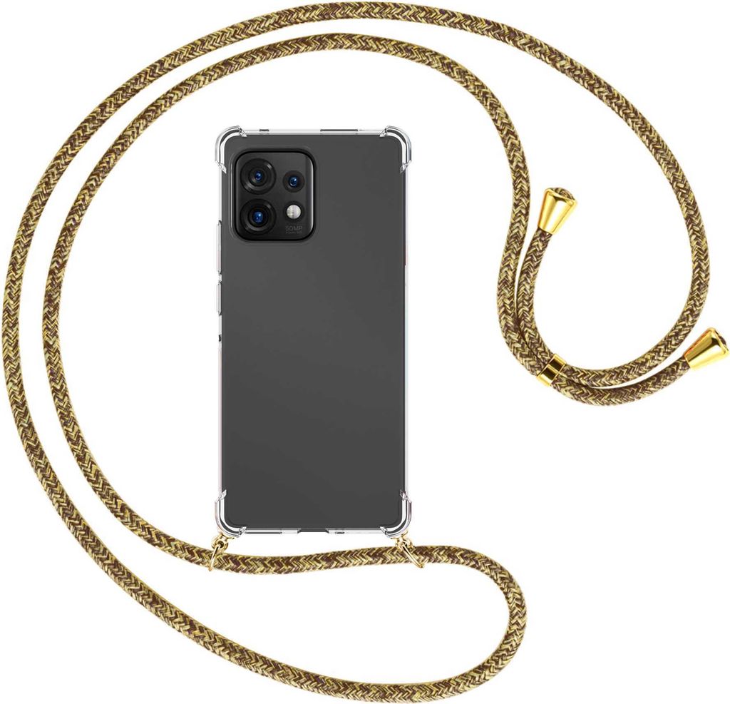 Handykette Backcover-Schutzhülle mit Band (Metall goldfarben) für Motorola Edge 40 Pro (Moto X40) - braun+beige