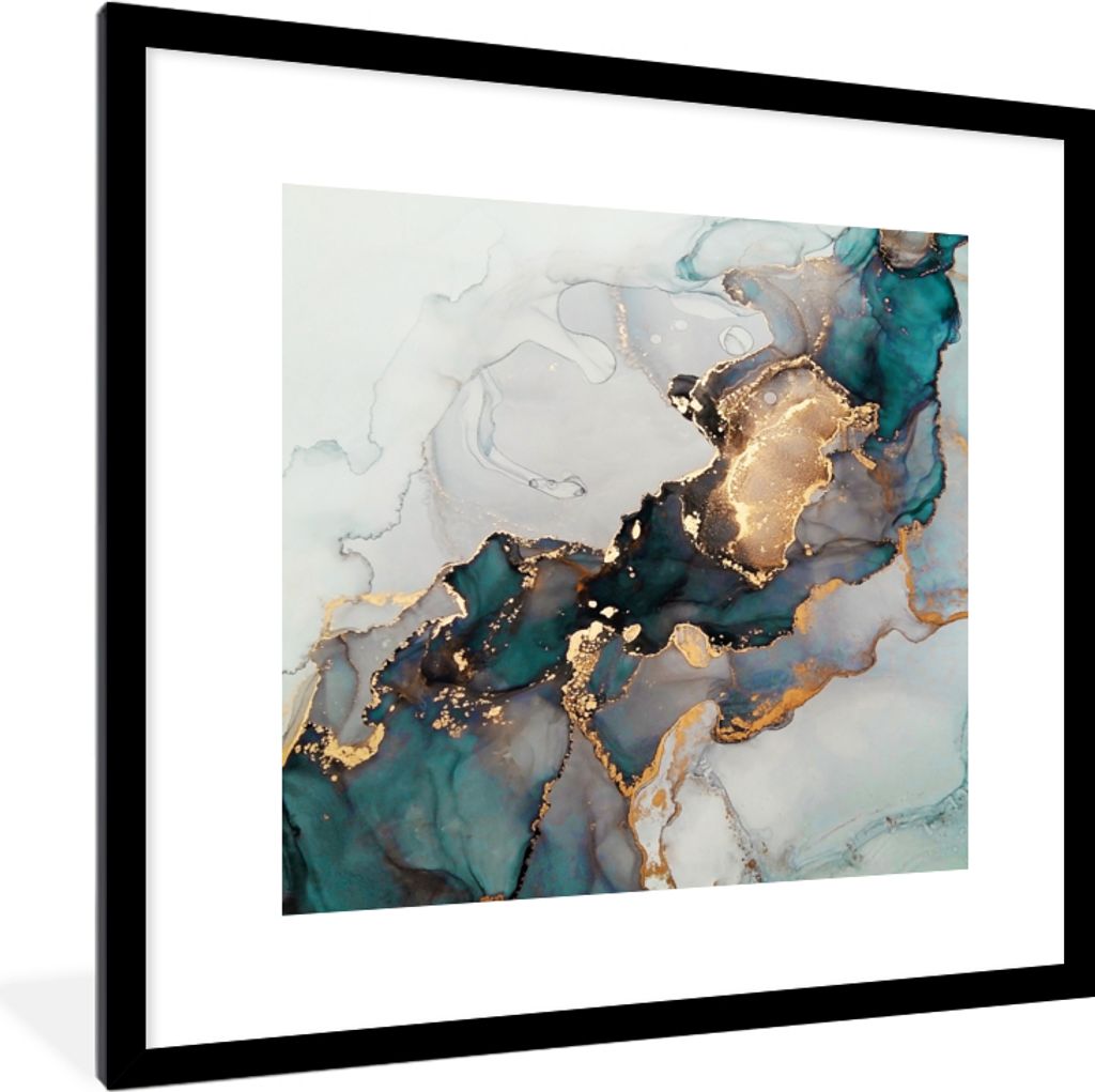MuchoWow Gerahmtes Poster Blau - Marmor - Gold 40x40 cm - Poster mit Schwarzem Bilderrahmen Wandposter Rahmen Foto Bilder - Poster - Plakat im Ra...
