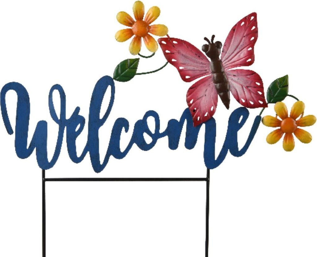 Gartenstecker Schriftzug Welcome mit Schmetterling Blumen Produktbild 