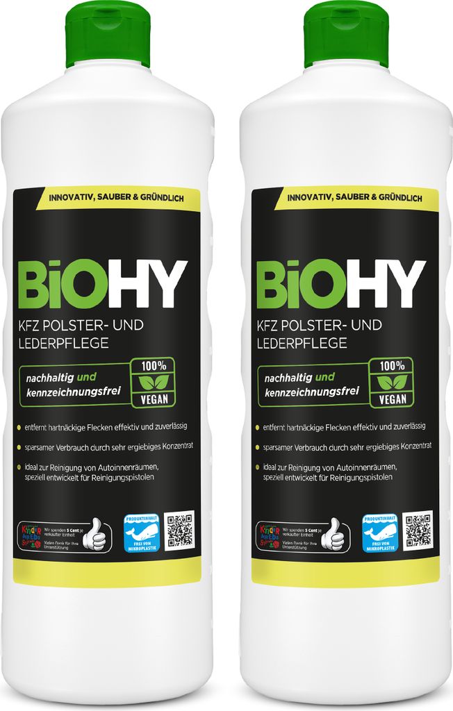 BiOHY KFZ Polster- & Lederpflege 2er Sparpack (2x1l), Polsterreiniger, Autositz Reiniger, Innenraumpflege – 2er Pack (2 x 1 Liter Flasche)