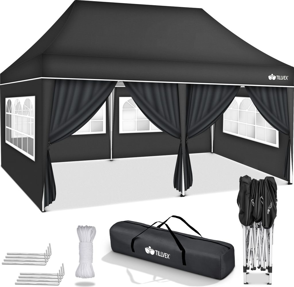 A black pop-up gazebo with side walls and windows, displayed with its accessories.