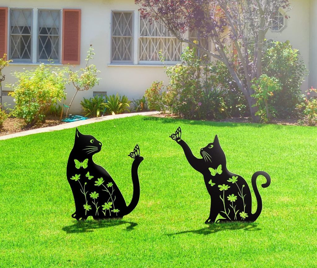 Schwarze Metall-Katze Als Gartenstecker - Outdoor-Dekoration Für Garten, Terrasse, Rasen