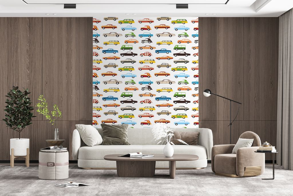 MuchoWow Fototapete für Wohnzimmer oder Schlafzimmer Wandtapete Vinyl Motivtapete Muster - Auto - Retro - Jungen - Kinder - Kind - 160x220 cm - ...