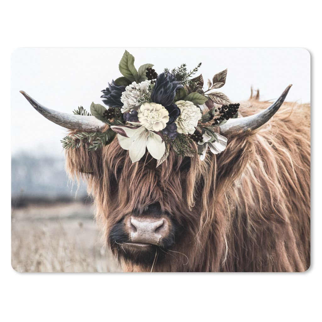 MuchoWow Mauspad Mousepad Schottische Highlander - Blumen - Hoorn 23x19 cm - Mousepads - Maus Mat - Pad - Mausunterlage - Schreibtischunterlage -...