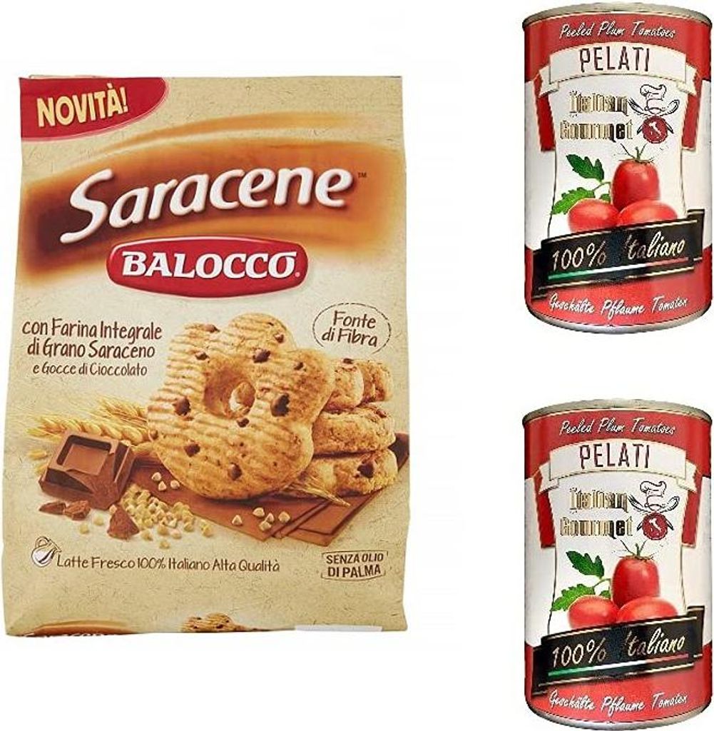 Balocco Saracene Kekse mit Buchweizen und Schokoladenstückchen biscuits cookies 700g + Italian Gourmet 100% italienische geschälte Tomaten dosen ...