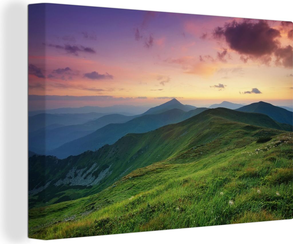 OneMillionCanvasses - Leinwandbilder - 150x100 cm, Berg - Gras - Landschaft - Abend, Wandbilder Kunstdruck Wanddekoration - Foto auf Leinwand - G...