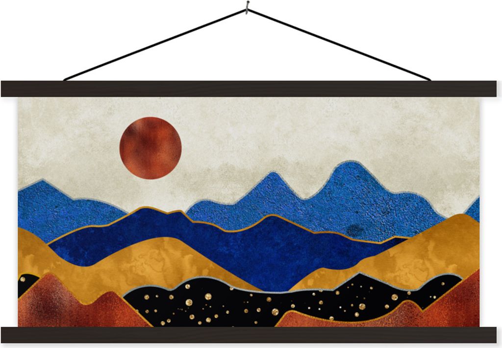 MuchoWow Textilposter Gold - Marmor - Blau 90x45 cm mit schwarzem Rahmen - Klemmleisten
