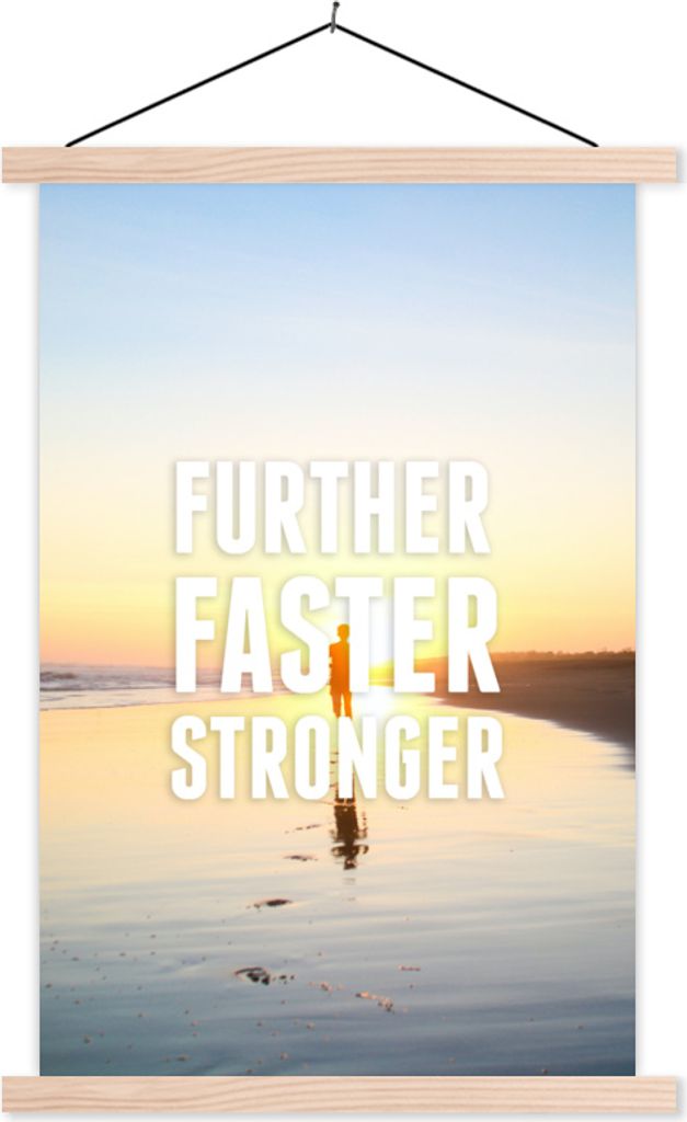 MuchoWow Textilposter Sport - Zitate - 'Weiter schneller stärker' - Sprichwörter 40x60 cm mit holzfarbenen Rahmen - Poster
