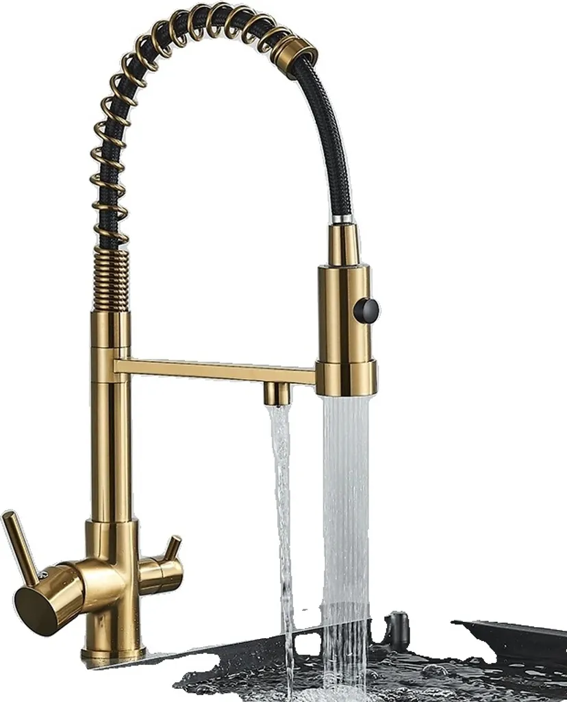Rubinetto da cucina ad acqua filtrata, Design a doppia maniglia, Funzione spray estraibile, Oro spazzolato