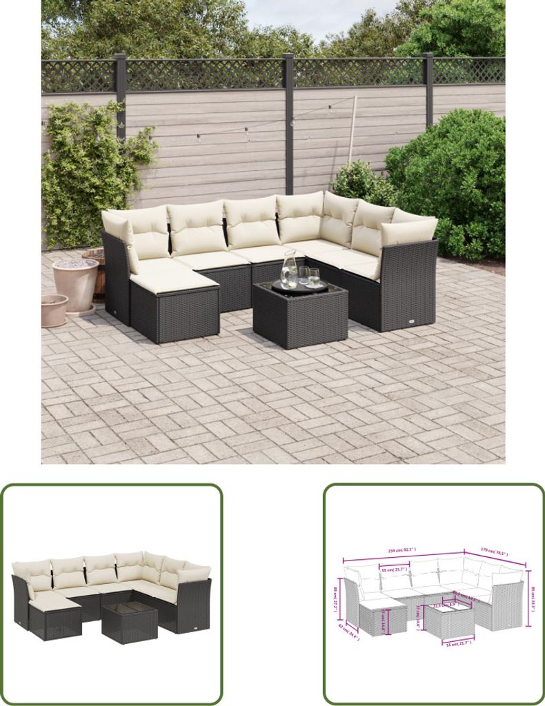 The Living Store 8-tlg. Garten-Sofagarnitur mit Kissen Schwarz Poly Rattan