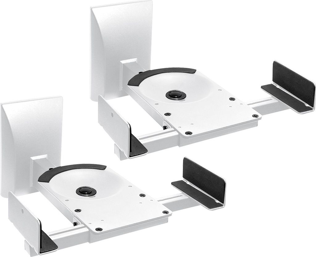 Two white speaker wall mounts are shown against a white background.