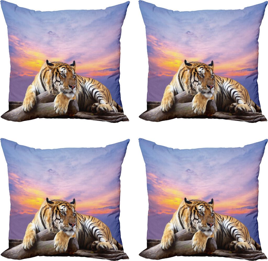 ABAKUHAUS Safari Kissenbezug Set (4 Stück), Tiger Bunte Sonnenuntergang, Moderner Doppelseitiger Digitaldruck, 50 cm x 50 cm, Lavendel Senf