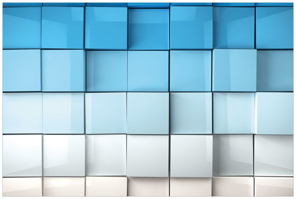 Wallario Wandbild aus Acryl, 90 x 60 cm, freischwebende Optik - Blau-weiße Kisten Schachteln Muster