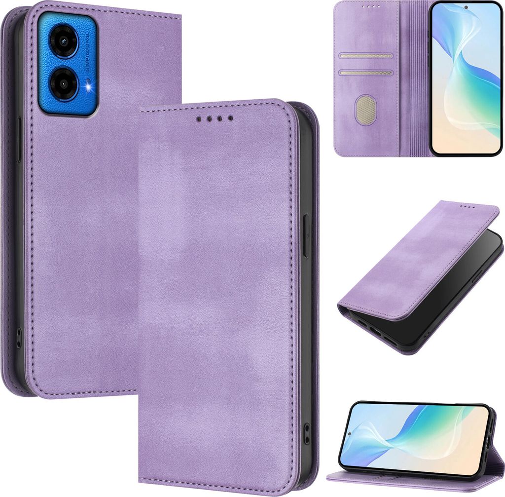 Handyhülle für Motorola Moto G45 / G34, Vintage Leder RFID Schutz Kartenfach Standfunktion Magnetische Klapphülle Violett