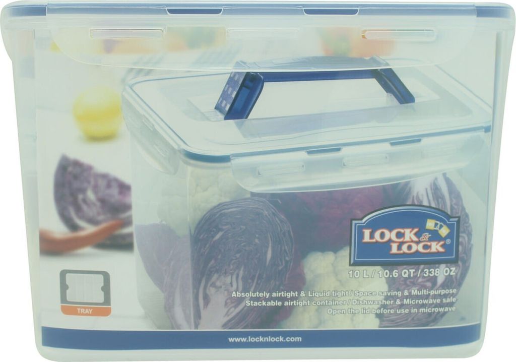 A transparent food storage container filled with vegetables, with branding and product information visible.
