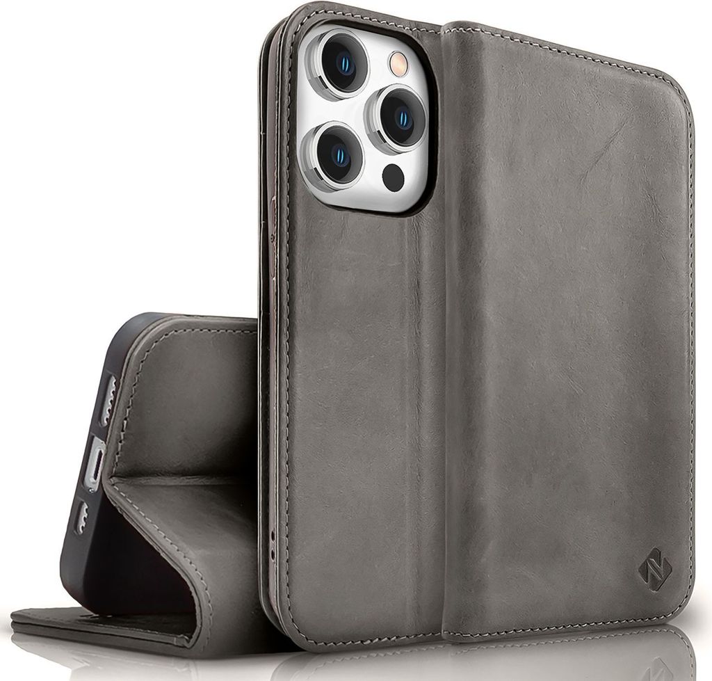NALIA Echt-Leder Flipcase für iPhone 15 Pro Max Hülle, Rindsleder Schutzhülle RFID-Schutz Lederhülle Wallet Dunkelgrau
