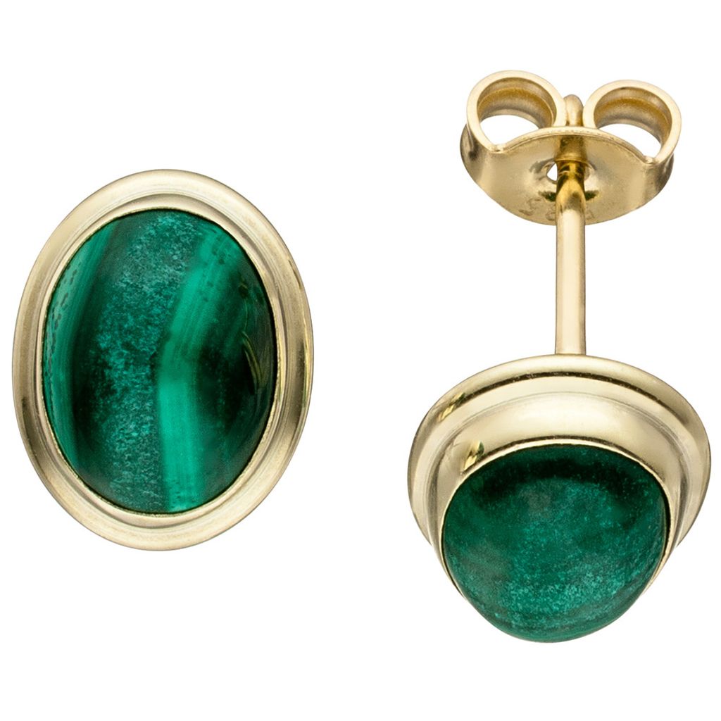 Ohrstecker Ohrringe Ohrschmuck ovale Malachite grün 585 Gold Gelbgold Damen