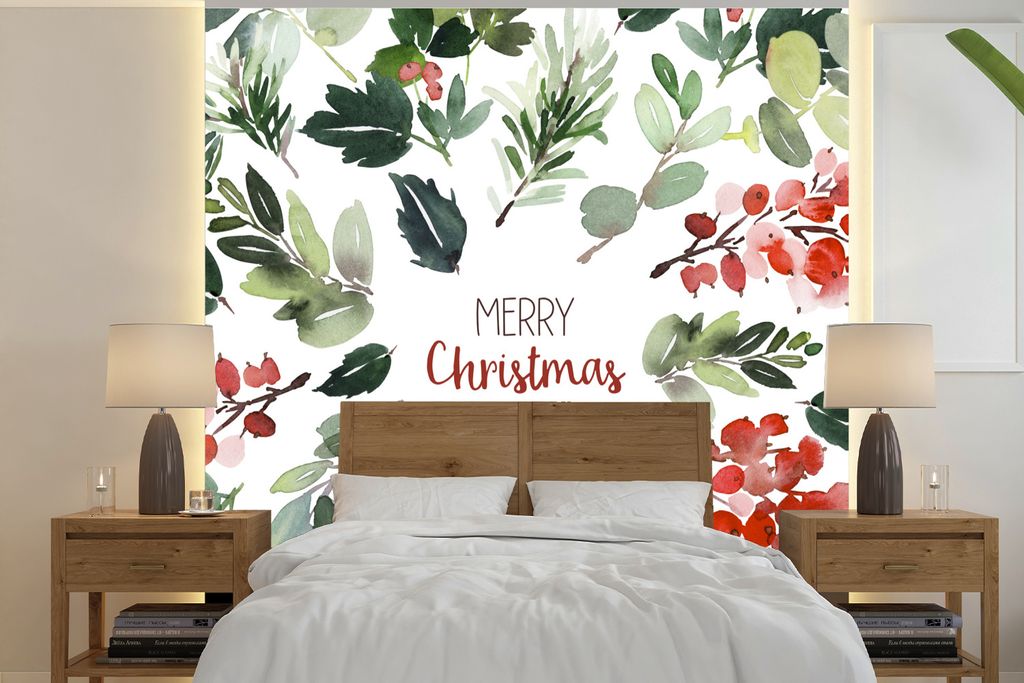 MuchoWow Fototapete für Wohnzimmer oder Schlafzimmer Wandtapete Vinyl Motivtapete Weihnachten - Zitat - Aquarell - 280x280 cm - Hintergrundbild