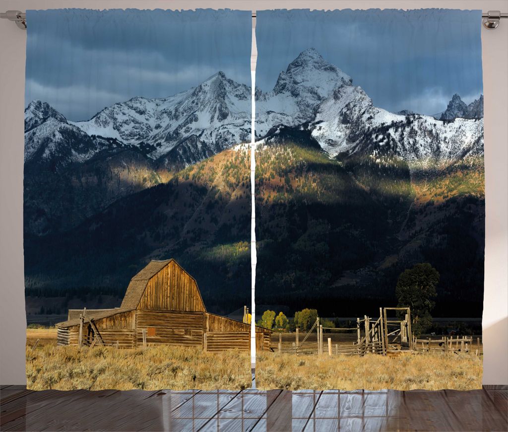 ABAKUHAUS Wyoming Rustikaler Gardine, Rustikale Holzhütte Berge, Schlafzimmer Kräuselband Vorhang mit Schlaufen und Haken, 280 x 225 cm, Mehrfarbig