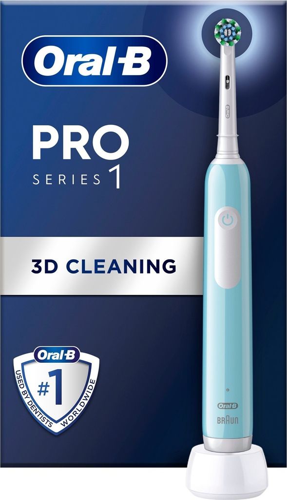 The image shows the packaging of an Oral-B electric toothbrush, with the toothbrush itself partially visible.