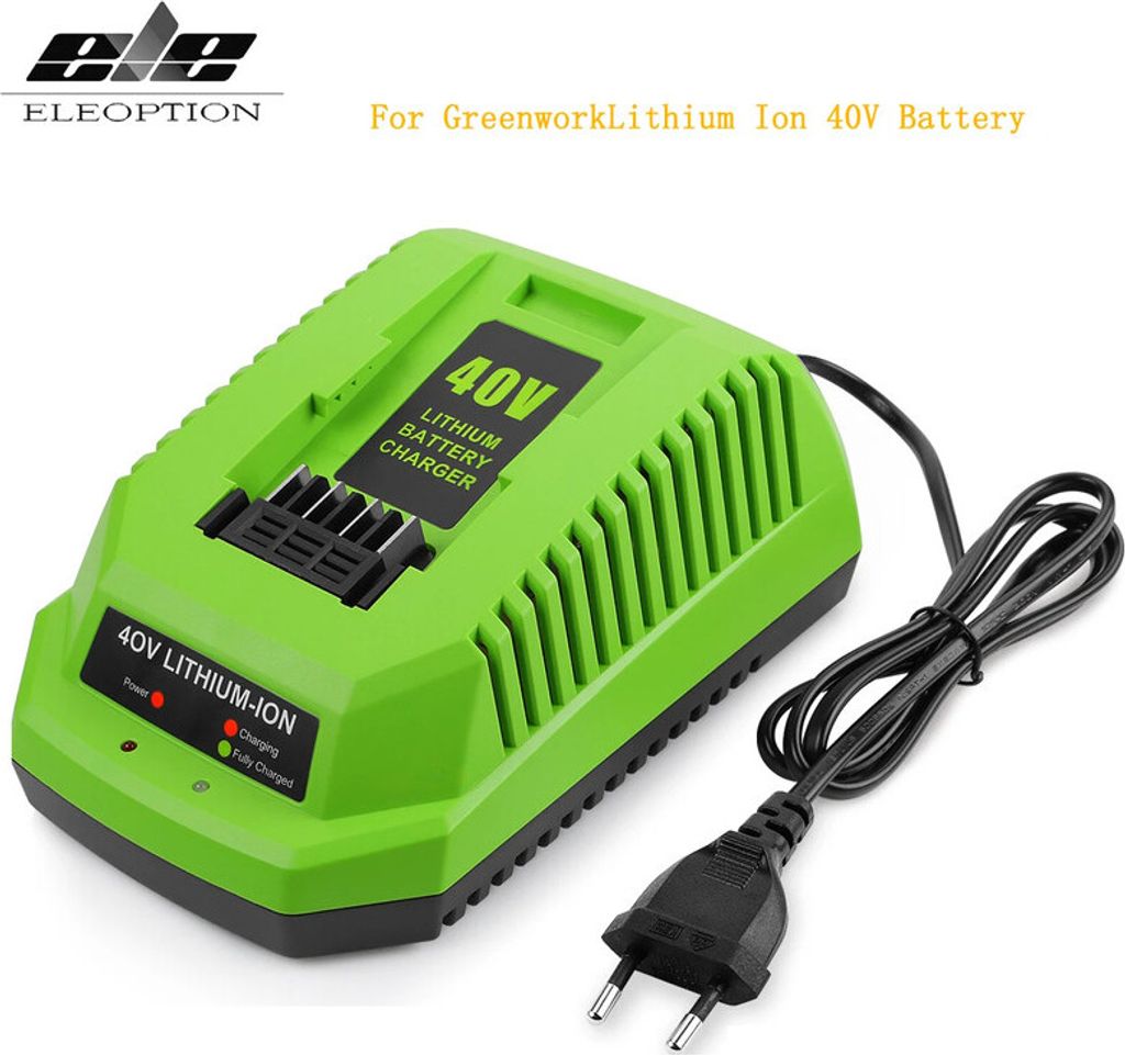 A green battery charger with a black power cord and plug, set against a white background.