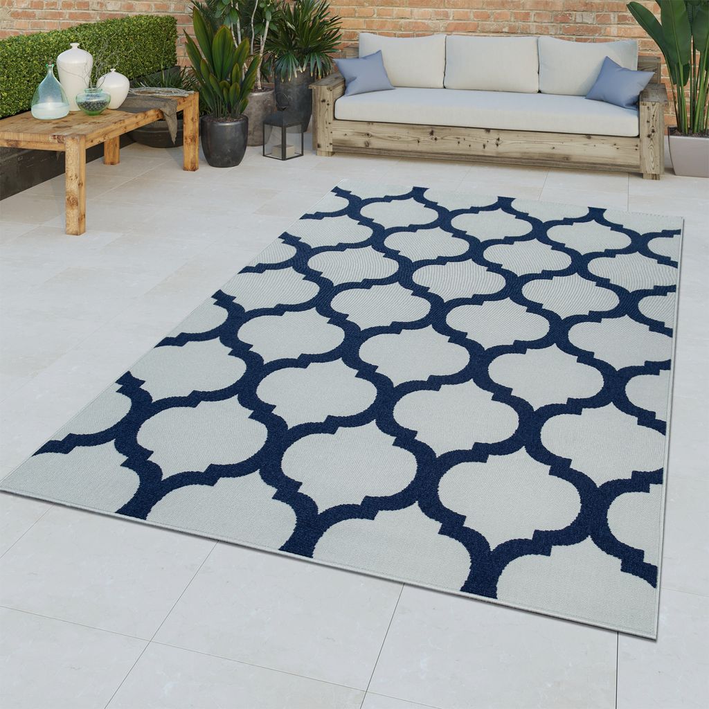 TT Home Moderner In- & Outdoor Kurzflor Teppich Marokkanisch Geometrisches Muster Weiß Größe 160x230 cm
