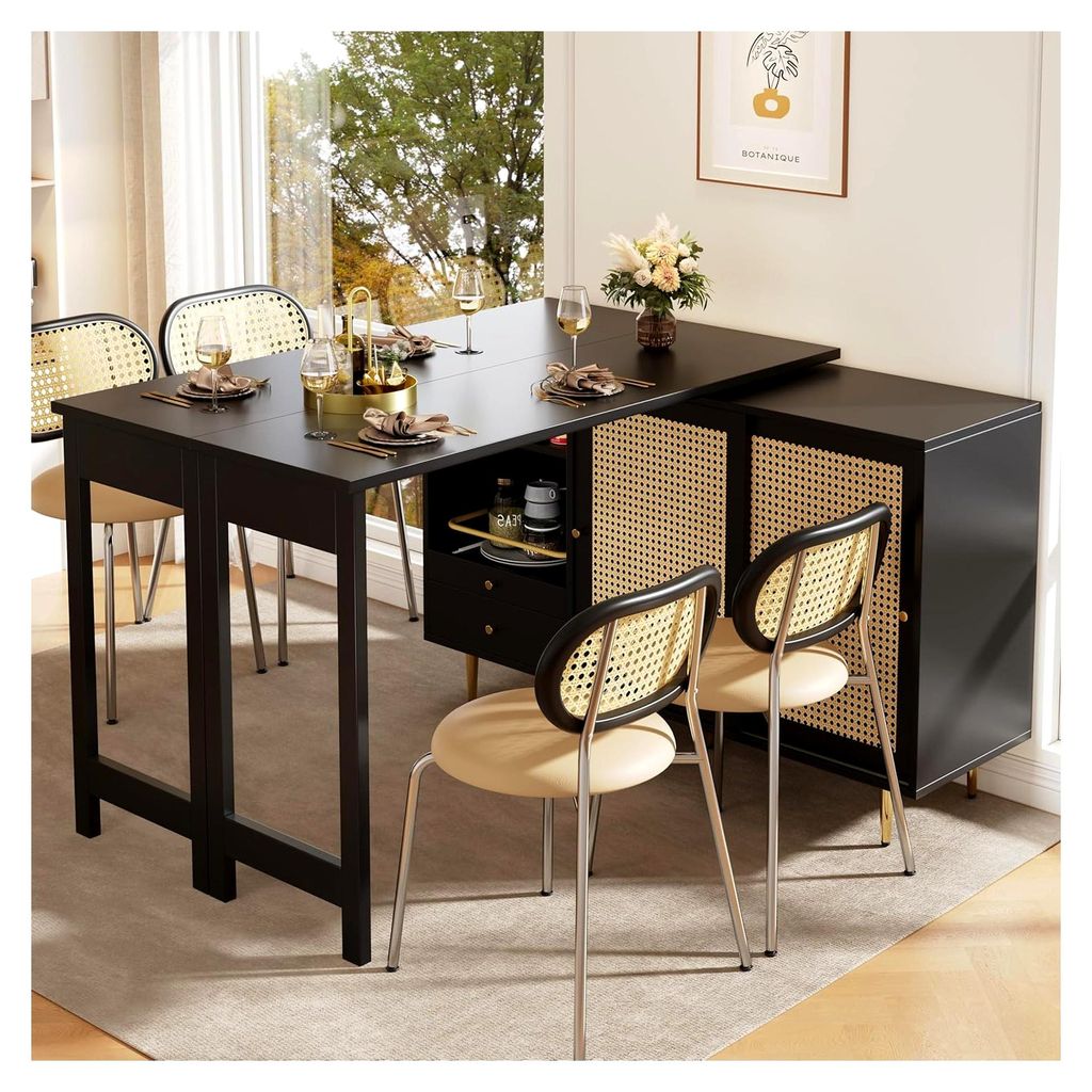 360° drehbarer Bartisch, ausziehbar, schwarzes Rattan, mit Stauraum, faltbares Design, für Küche, Esszimmer, Wohnzimmer, modernes Möbel