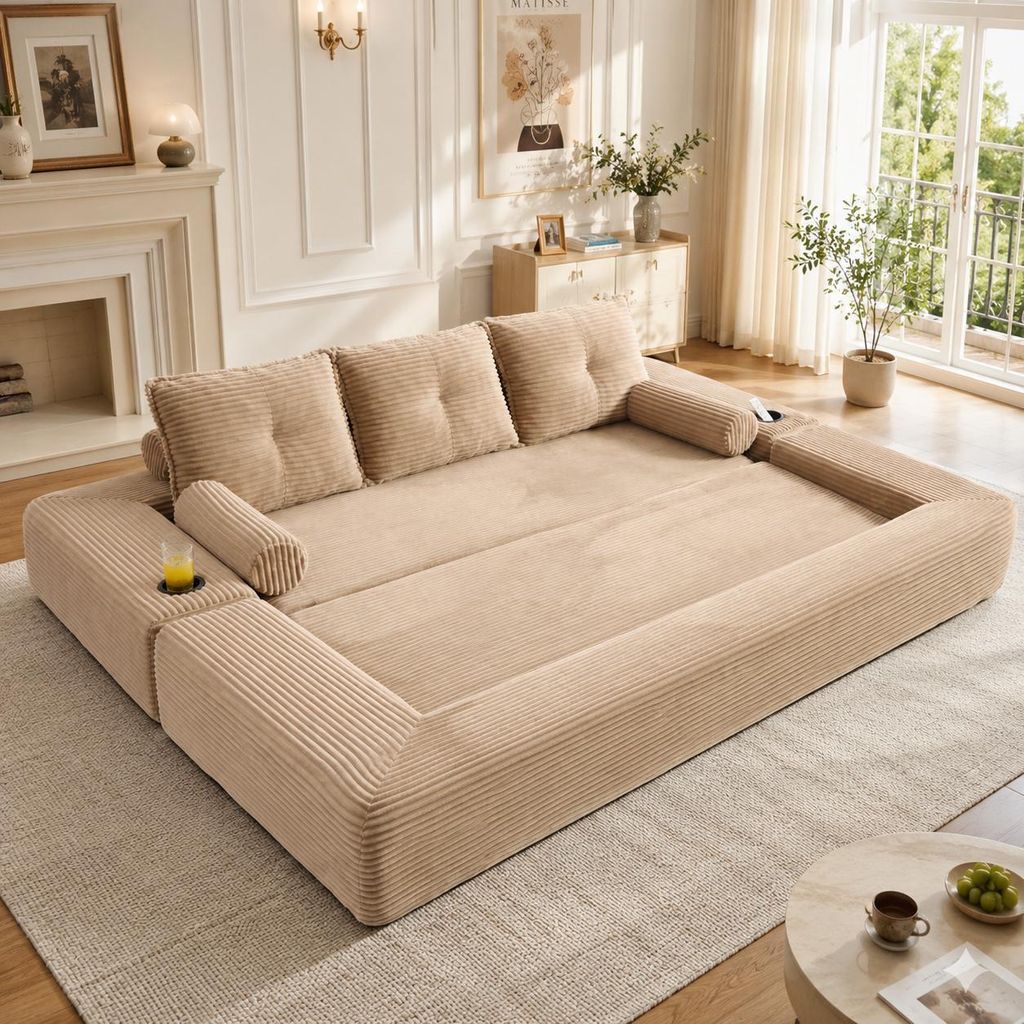 okwish Dreisitzer Wohnzimmersofa mit Getränkehalter und Tasche, Klappsofa mit Zierkissen, Schlafsofa, für kleine Wohnungen,khaki