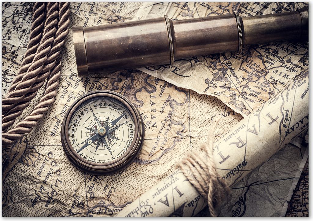 Tulup Leinwandbild - 100x70 cm - Wandkunst - Drucke auf Leinwand - Leinwanddruck - Landkarten & Flaggen - Beige - Kompass Lupe Karte