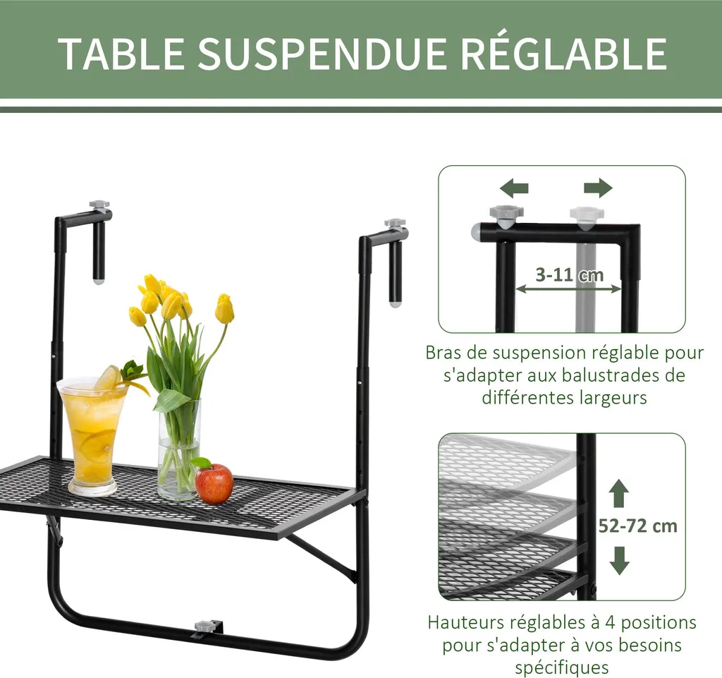 Table de balcon suspendue : la solution pliable noire sans encombre