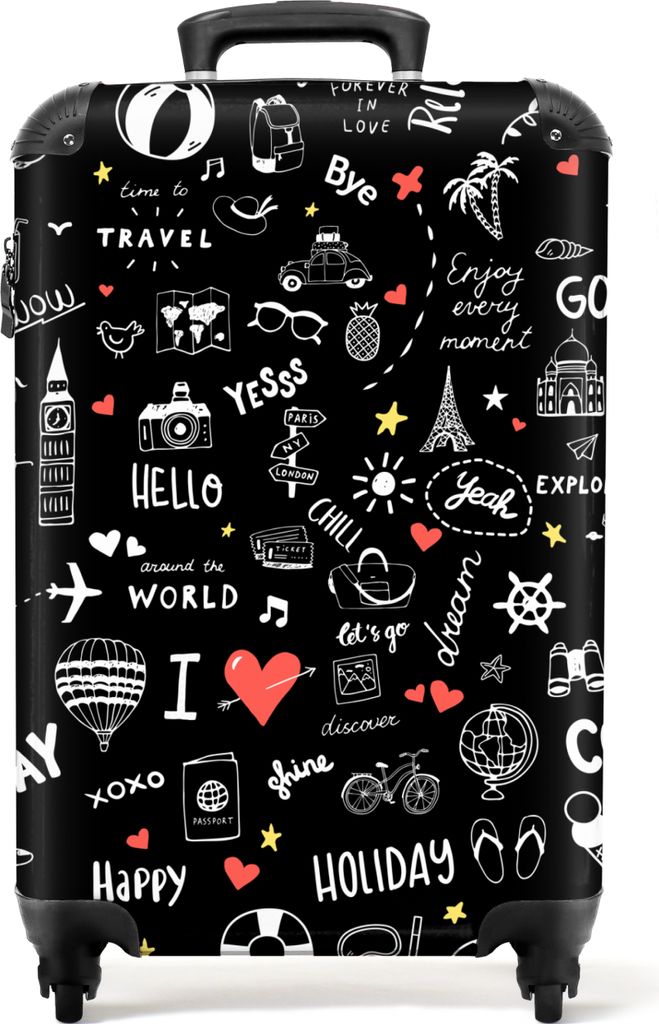 NoBoringSuitcases.com Koffer Handgepäck Trolley Rollkoffer Kleine Reisekoffer mit 4 Rollen - Muster - Gekritzel - Reisen - Urlaub - Schwarz - Ca...