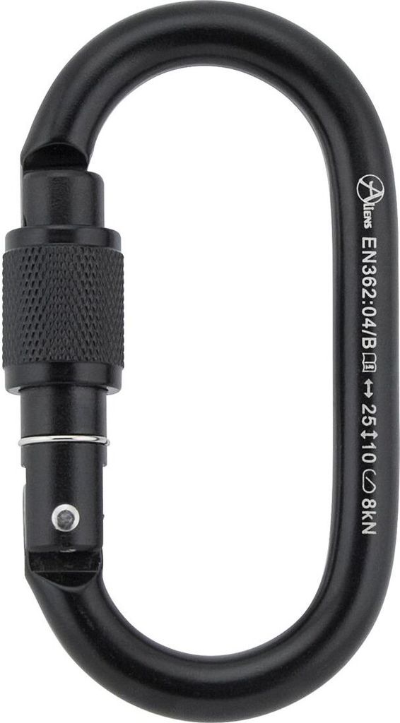 Schwarzer TOTAL OVAL Stahlkarabiner von Aliens; geeignet für Klettern; mit Schraubverschluss und einer Bruchlast von 8 kN.