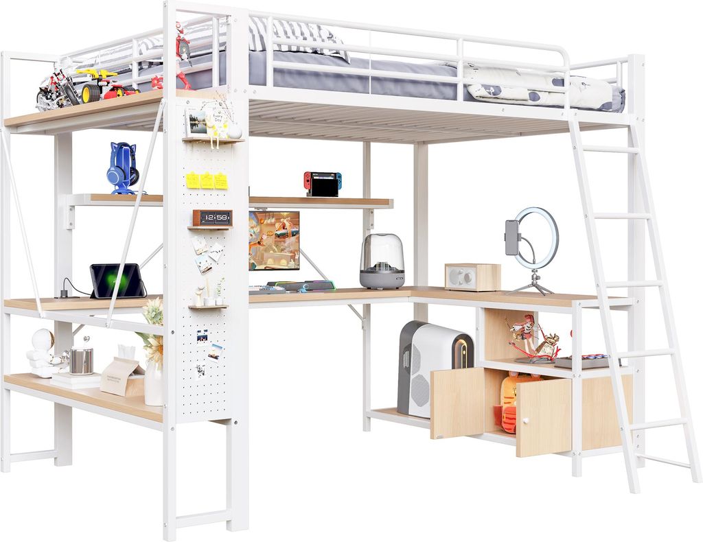 Hochbett mit Schreibtisch, LED-Streifen, Wandgitter, Regal, Schrank, Steckdose, USB, Type-C, Rausfallschutz, 140x200cm, Kinderbett, Metallbett