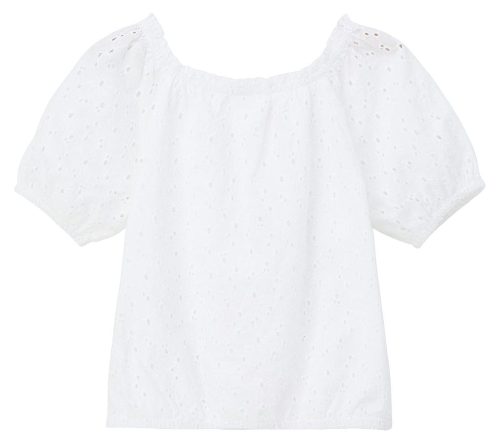 s.Oliver Sommer Bluse mit Broderie Anglaise, Off-Shoulder-Optik und halblangen Ärmeln
