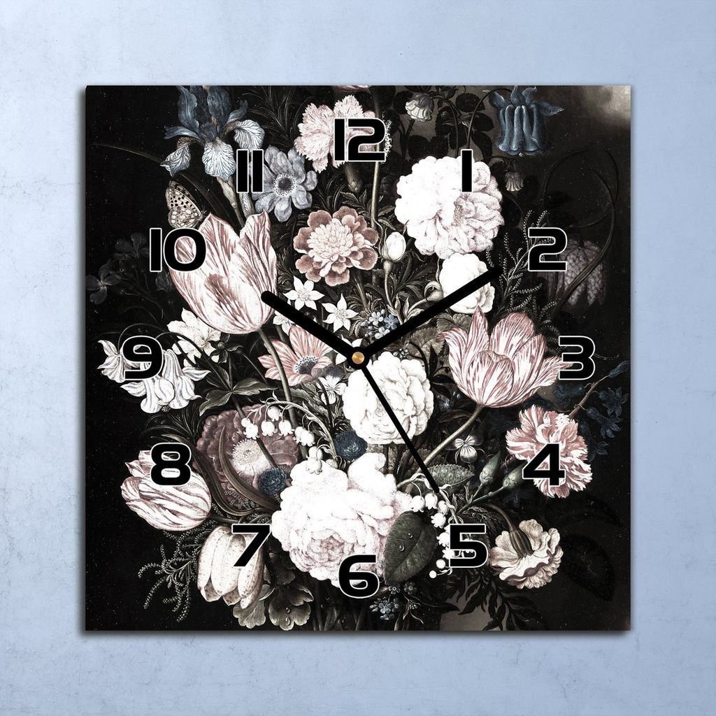 Wanduhr Echt-Glas-Küchenuhr Vintage Blumen Quarz Lautlos 30x30 Deko Bilder