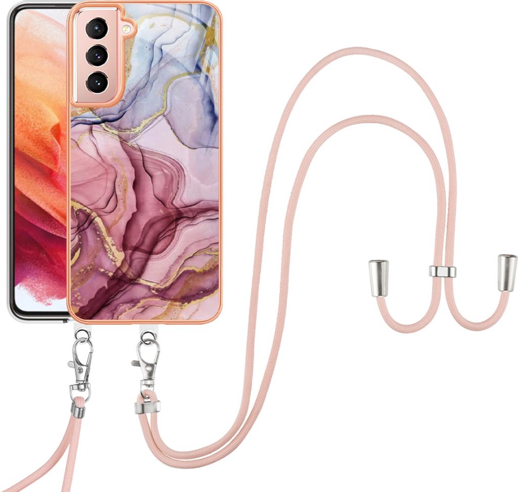 Galaxy S21 5G Handykette Hülle, Muster TPU Bumper Schutzhülle mit verstellbarem Tragegurt für Samsung Galaxy S21 5G Rosa