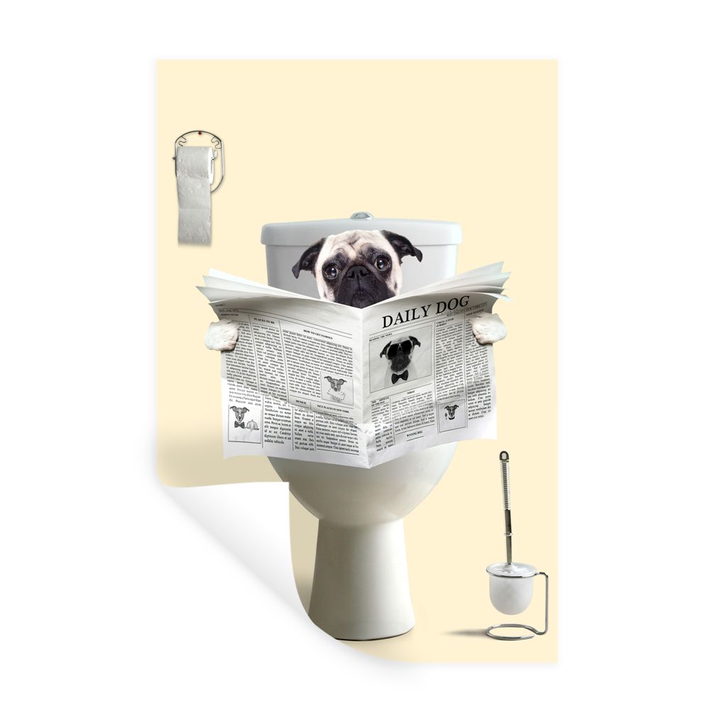 MuchoWow Wandtattoo Wandsticker Wandaufkleber Hund - Mops - Toilette - Zeitung - Tier 40x60 cm Selbstklebend und Repositionierbar - Wierderverwen...