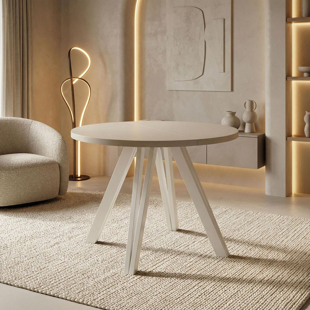 Runder Esstisch Ausziehbar 100–180 cm mit Weißen Holzbeinen aus Buchenholz – Moderner Ausziehtisch für Esszimmer, Küche und Wohnzimmer – T...