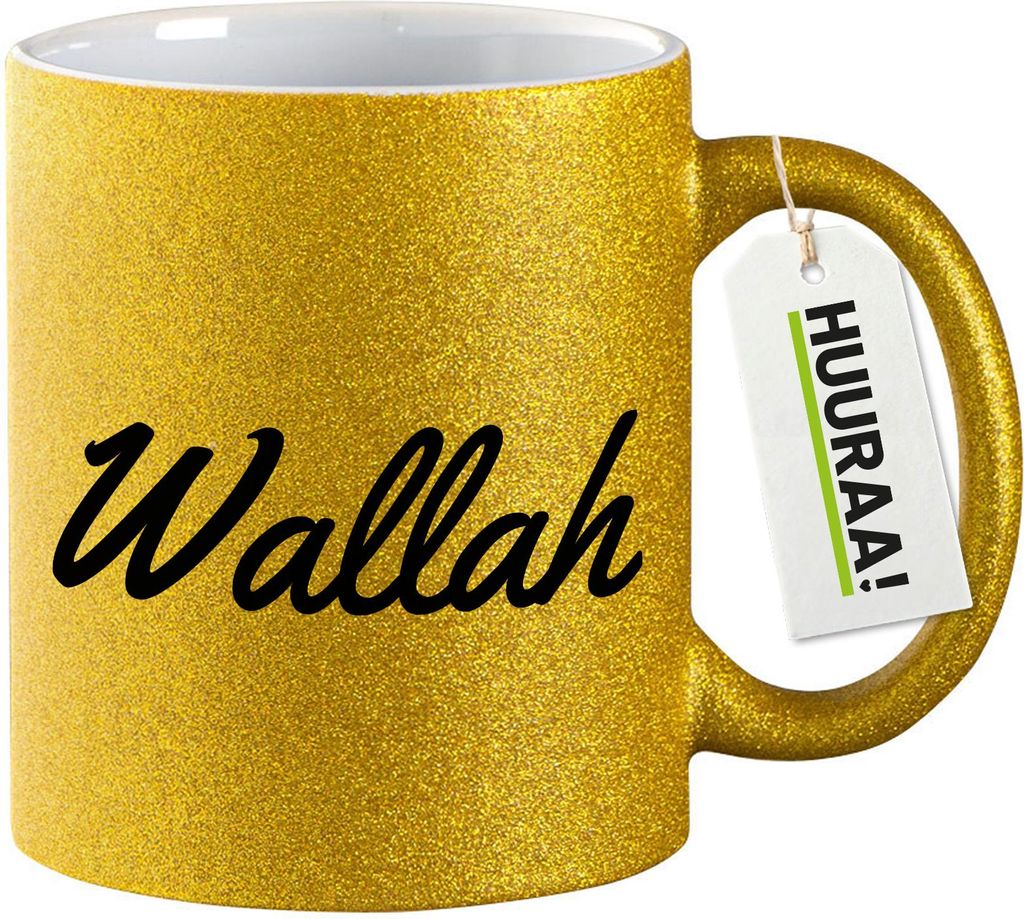 Huuraa Glitzertasse Wallah arabisch Schriftzug 330ml Gold Keramik Kaffeebecher Geschenkidee