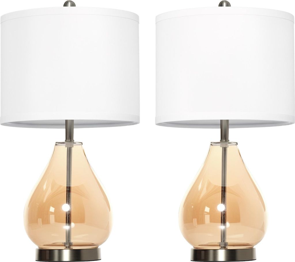 Tischlampe, 2er-Set, Leinen-Lampenschirm, Glas-Stange, Tropfenform, Nachttischlampe, E27-Fassung, Schlafzimmer, Wohnzimmer, Wei?