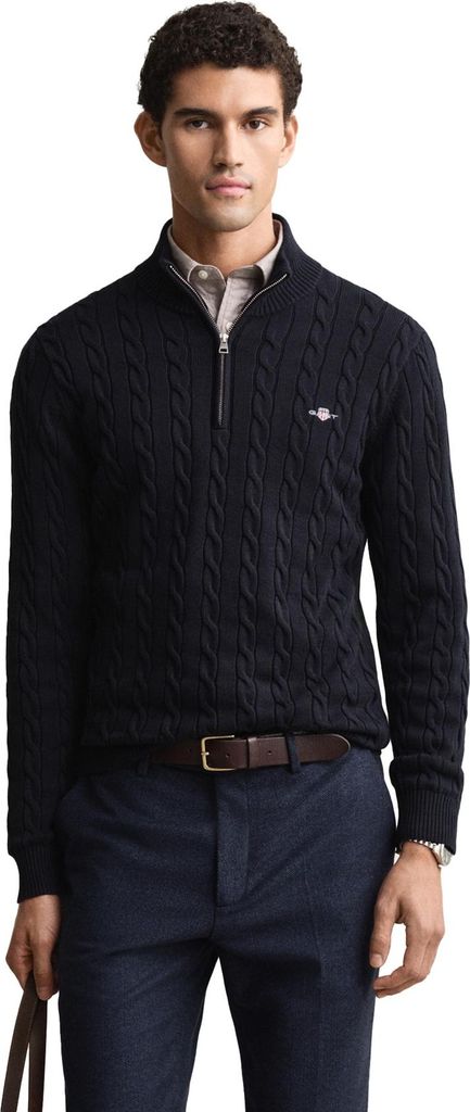 Gant Pullover halber Reißverschluss dunkelblau Kabelmuster