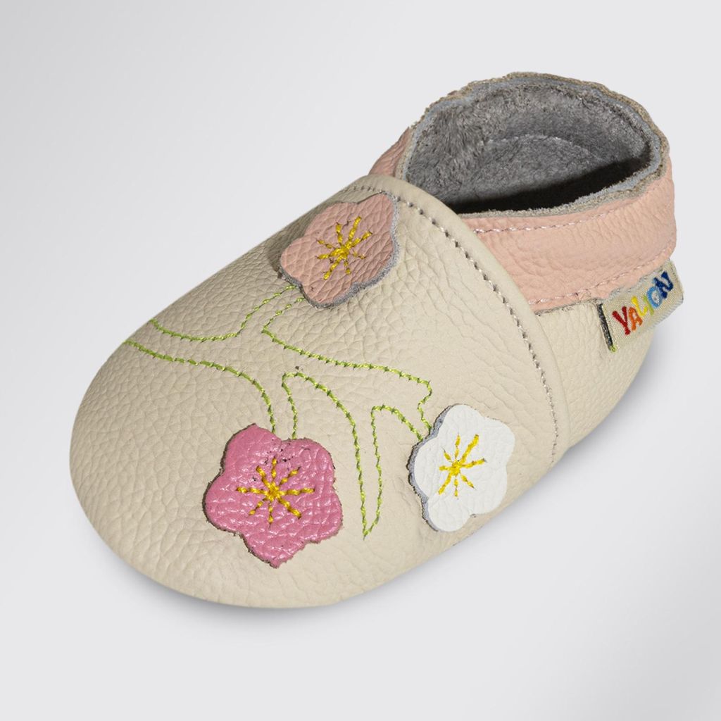 YALION Leder Krabbelschuh Baby Slip Blume Creme Produktbild 