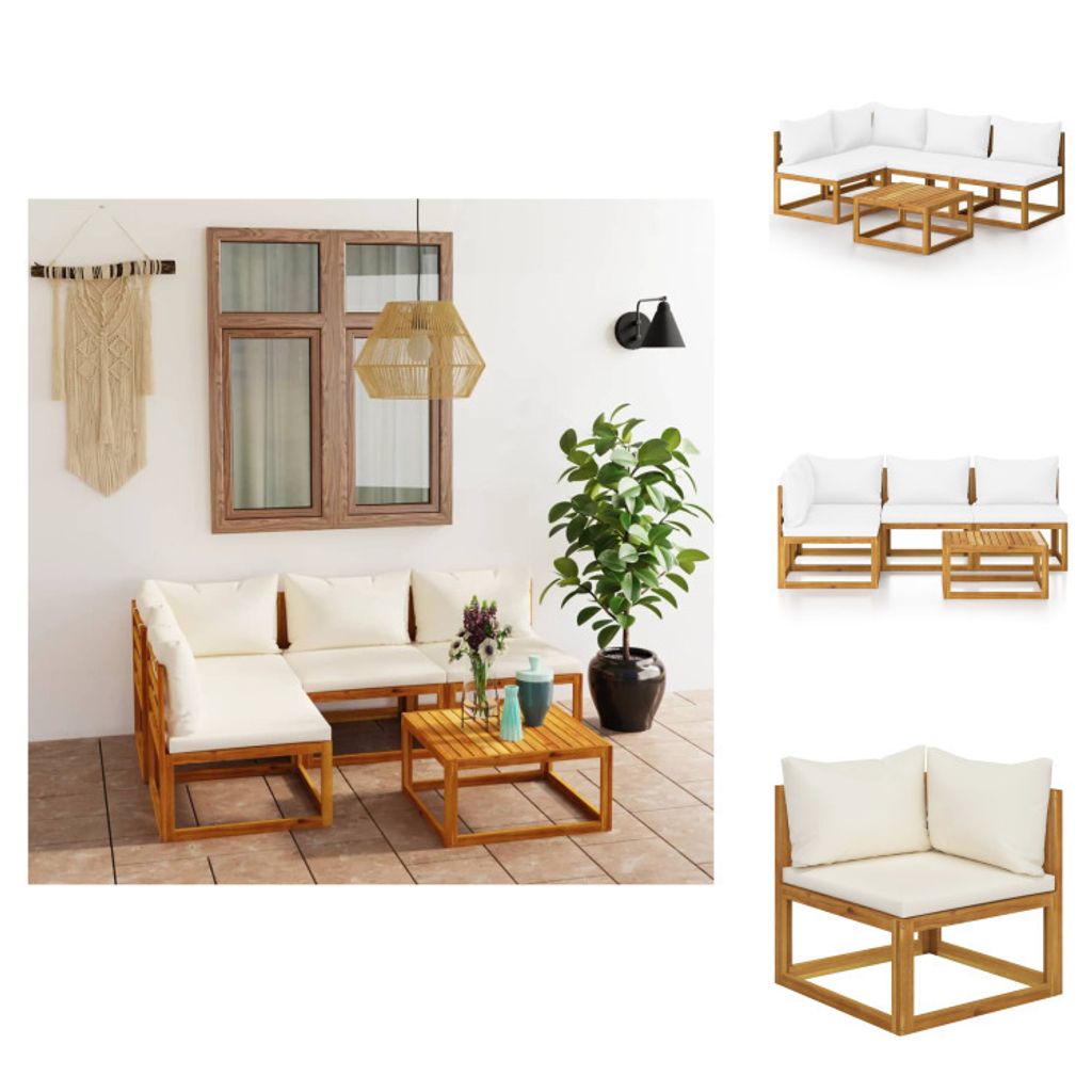 vidaXL 5-tlg. Garten-Lounge-Set mit Auflagen Creme Massivholz Akazie - Gartenmöbel-Sets