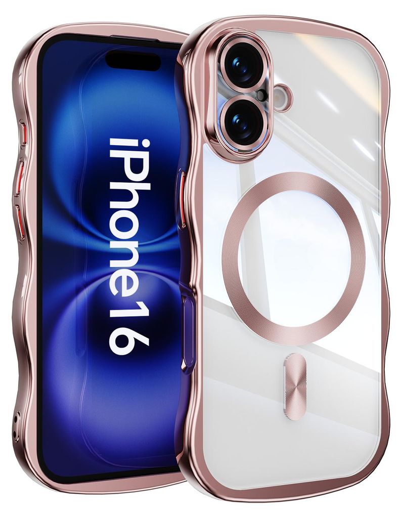 Magnetisch Hülle für iPhone 16, Wellen Überzug Bumper Transparent Stoßfeste Handyhülle mit Kameraschutz Pink