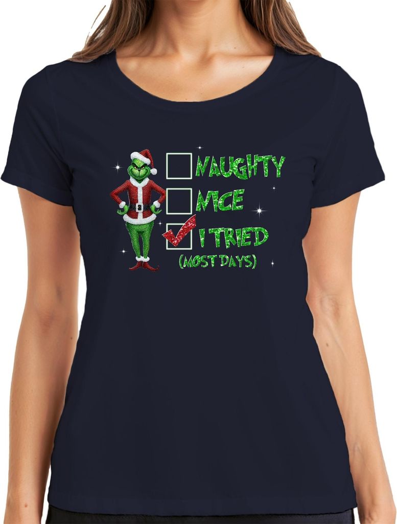 Grinch Santa I Tried (Most Days) Christmas Checkmark Funny Gift Damen T-Shirt, Navy, L