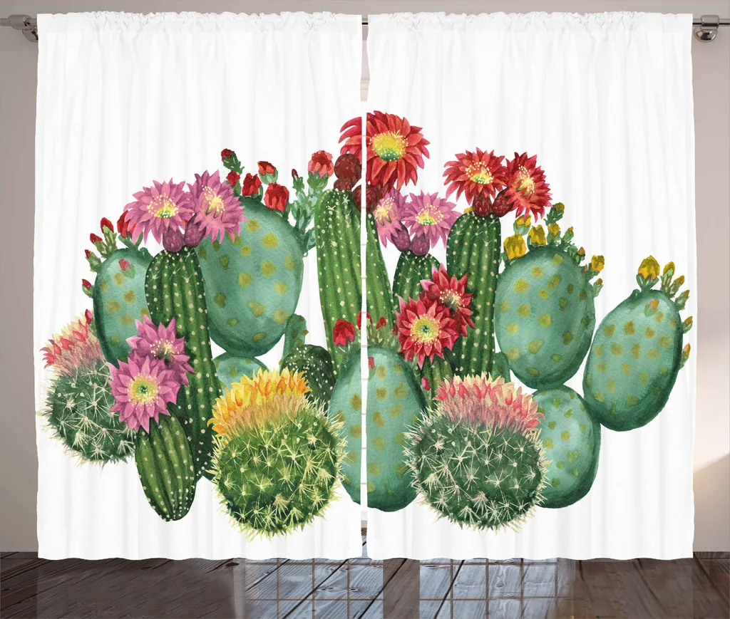 Rideau à fronces pour chambre motif jardin tropical et cactus saguaro