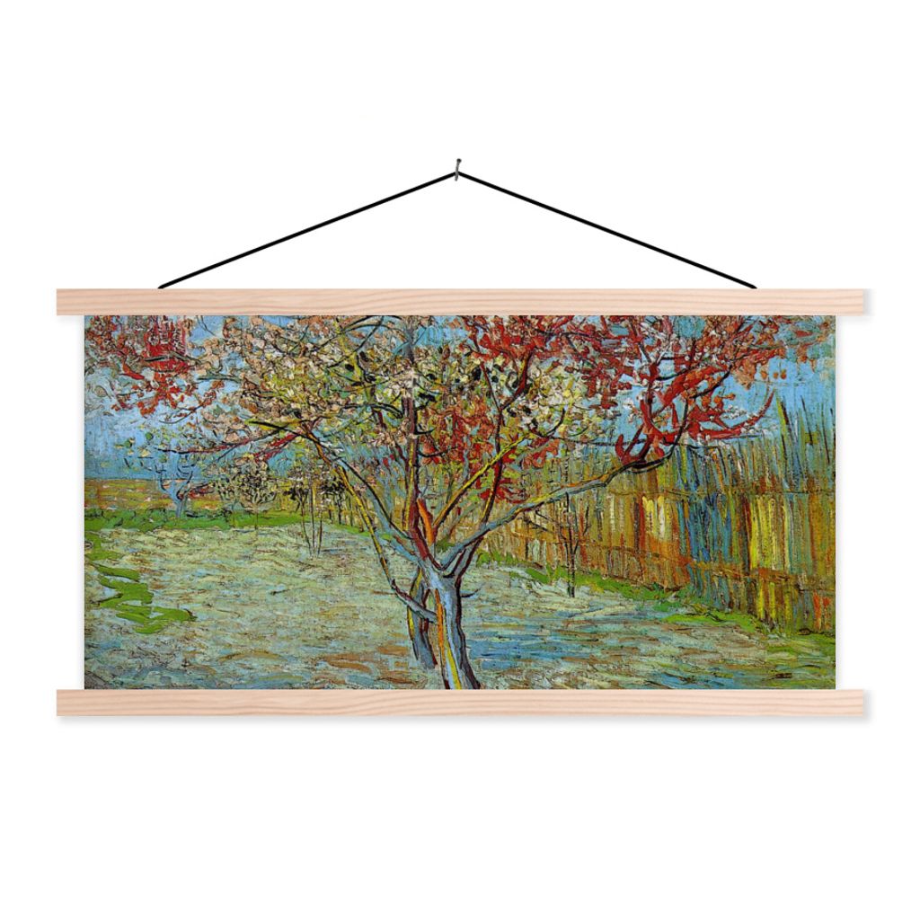 MuchoWow Textilposter Der rosa Pfirsichbaum - Vincent van Gogh 120x60 cm mit holzfarbenen Rahmen - Klemmleiste